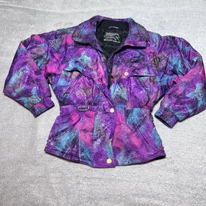 Vintage Black Bear Ski Jacket Womens 8 Purple Abstract Splash All Over Print 80s
